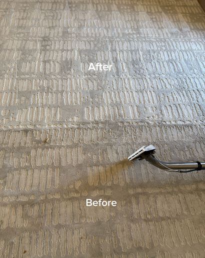 Carpet cleaning comparison showing a gray area labeled “After” above and “Before” below with a vacuum nozzle on the right