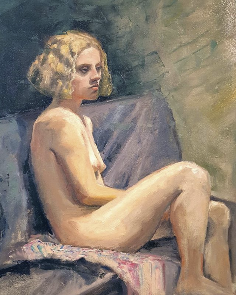 Image in the before and after gallery. The final portrait painting by  California artist John Kosta's  entitled Nude Seated on Bench.