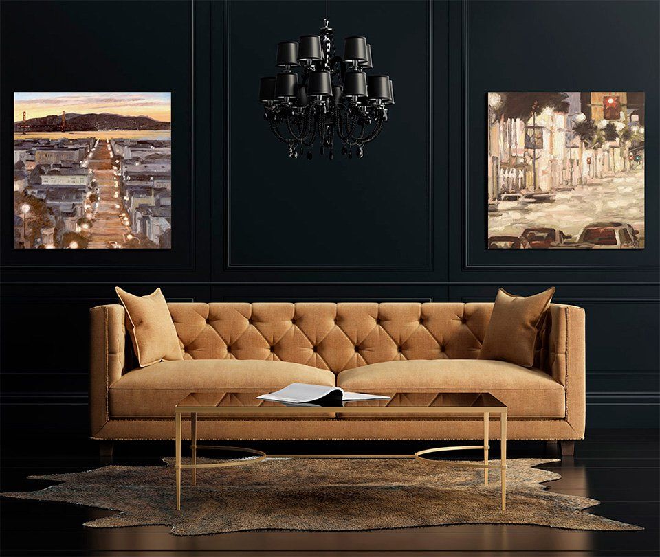 California artist John Kosta's paintings entitled Golden Gate Gloaming and Hollywood Blvd. Two presented in a stylish black-walled hotel lobby.