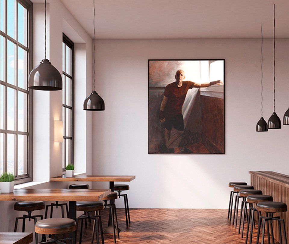 California artist John Kosta's painting entitled After Boxing presented in a stylish cafe.