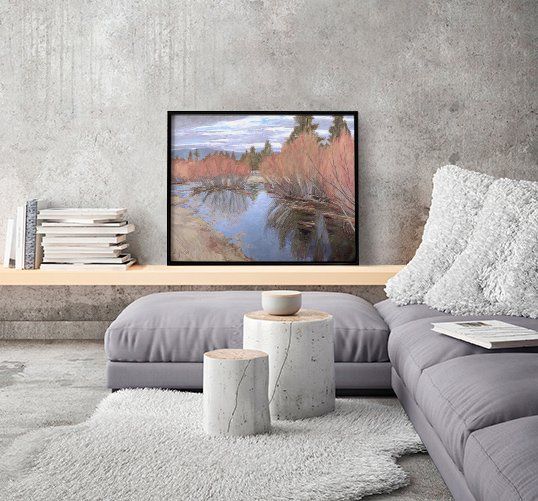 California artist John Kosta's painting titled Redtip and Snowmelt presented in a stylish loft living room.