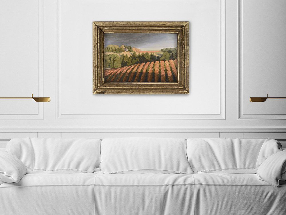 California artist John Kosta's painting entitled Driven Vineyards presented in a stylish modern living room.