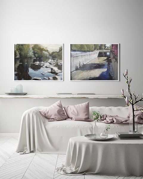 California artist John Kosta's paintings entitled Los Angeles River #11 & Los Angeles River #25 presented in a stylish modern rustic white living room.