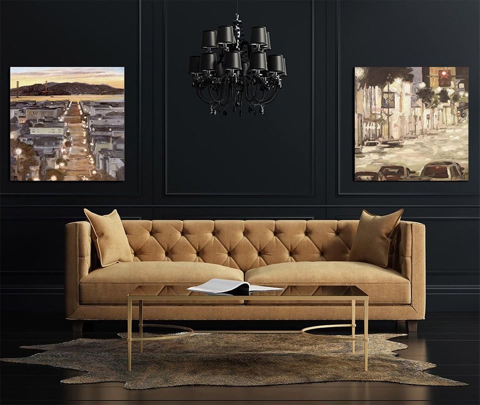 California artist John Kosta's paintings entitled Golden Gate Gloaming and Hollywood Blvd. II presented in a stylish black-walled hotel lobby.