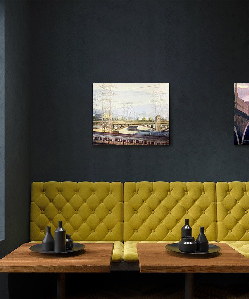 California artist John Kosta's painting entitled Los Angeles River #12 presented in boldly colored mid-century modern restaurant.
