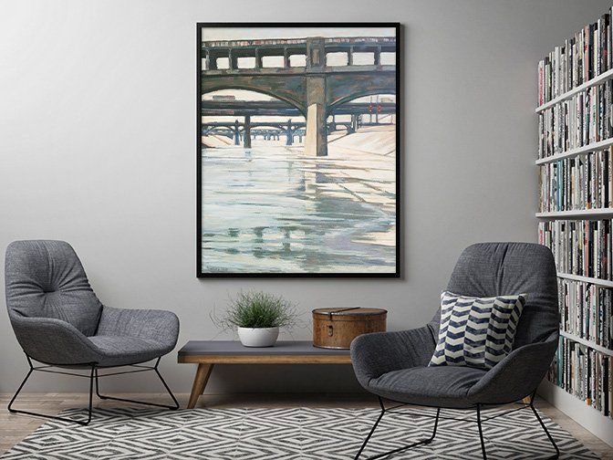 California artist John Kosta's painting entitled Los Angeles River #13 presented in a mid-century modern home library.