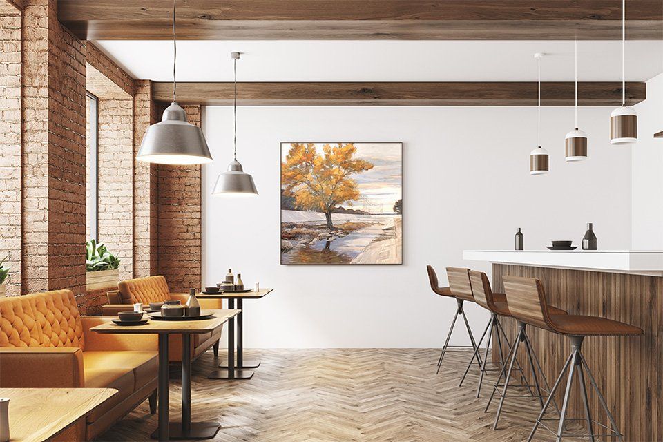 California artist John Kosta's painting entitled Los Angeles River #14 presented in modern cafe.