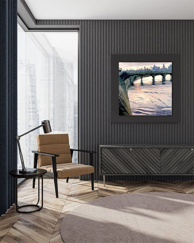 California artist John Kosta's painting entitled Los Angeles River #33 presented in a stylish mid-century modern hotel room.