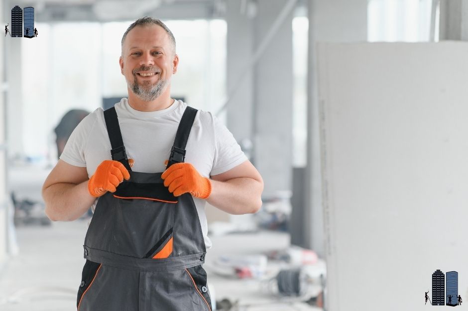 A smiling man, who appears to be a drywall contractor, stands confidently in work overalls and orange gloves in what looks like a construction or renovation site with stacks of white drywall panels visible in the background.