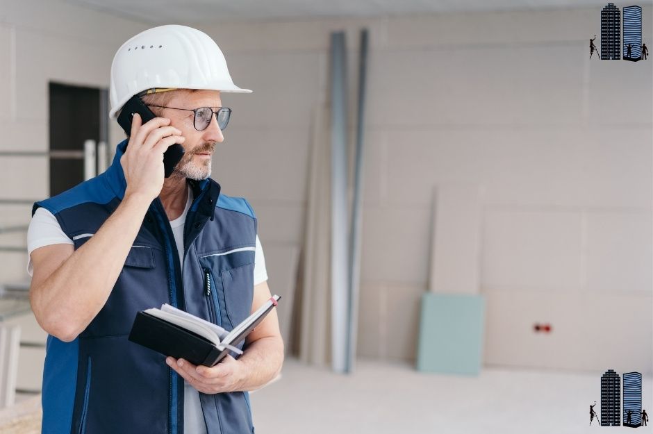 A drywall contractor from Metrotown Drywall Burnaby is on a phone call, holding a notebook and pen, while wearing a white hard hat and safety glasses.