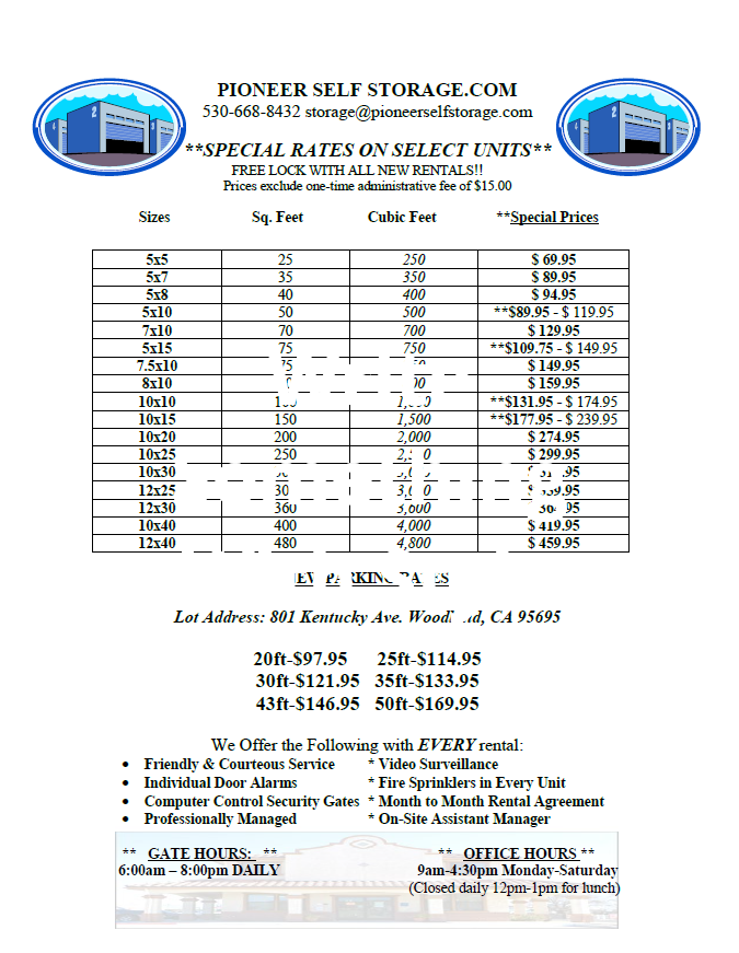 Pioneer Self Storage Specials