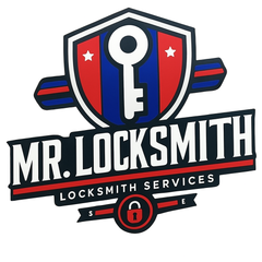 A logo for Mr. Locksmith services with a key on a shield.