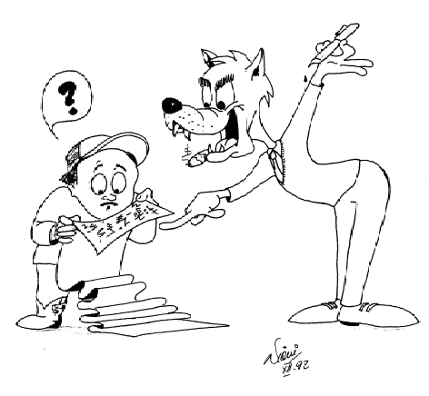 Cartoon image of a wolf and signer