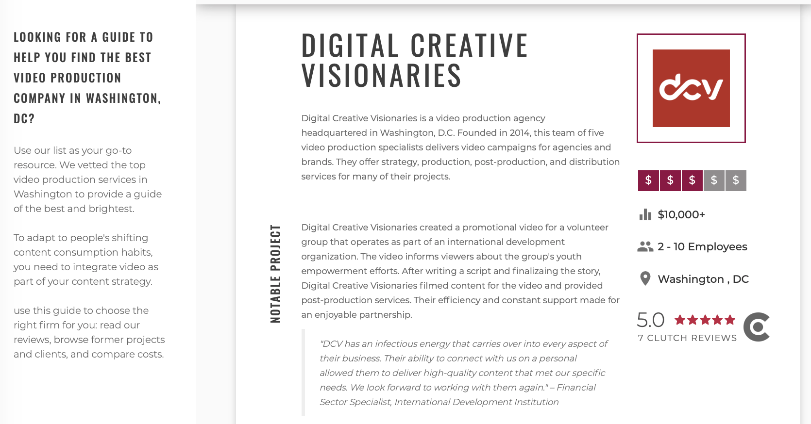 DCV listed on clutch as a video production global leader
