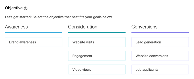 linkedin video ads objective help tool