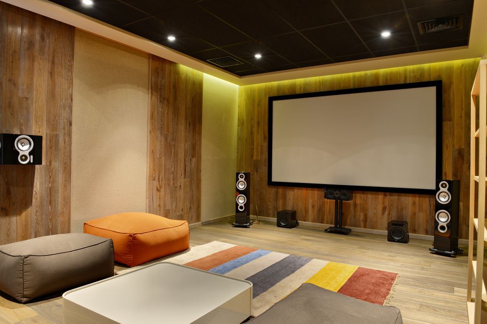 Home Theater with A Large Screen, Speakers, and Colourful Rug — Audiomation In Diamond Beach, NSW