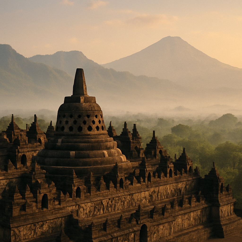 Borobudur Temple set against a backdrop of mountains