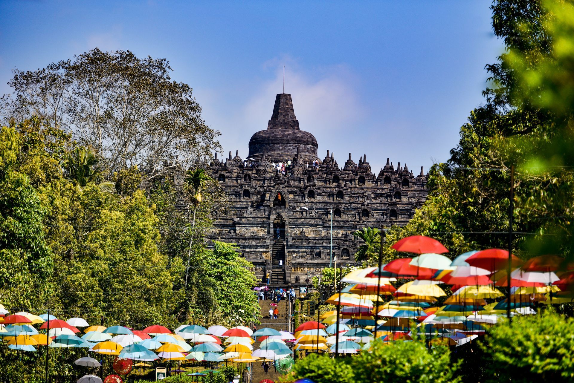 Panoramic view of Borobudur Temple showcasing its layered platforms