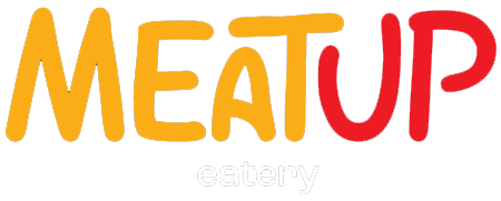 The logo for meat up eatery is yellow and red.