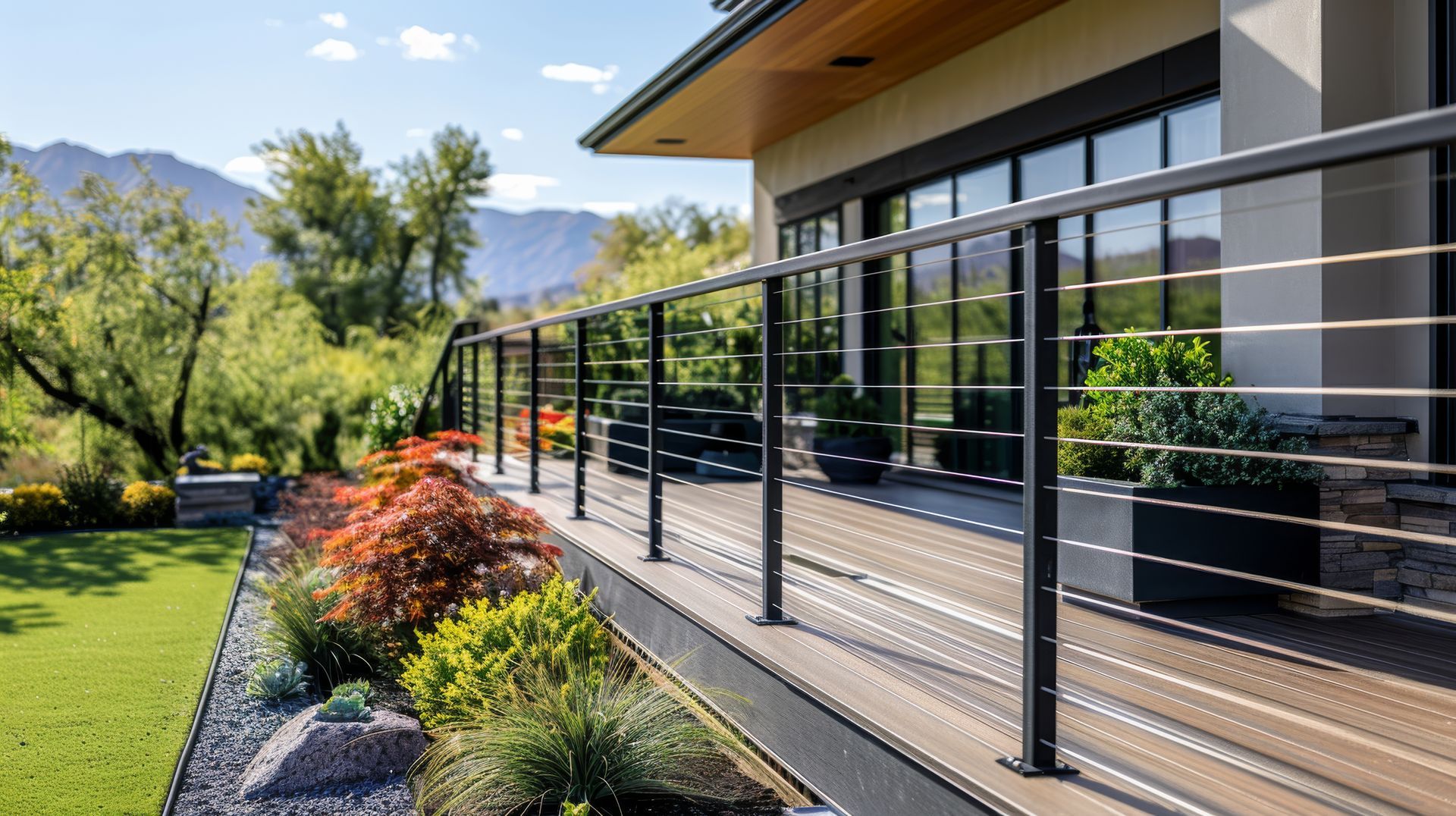 A modern house with a stainless steel railing on the deck.