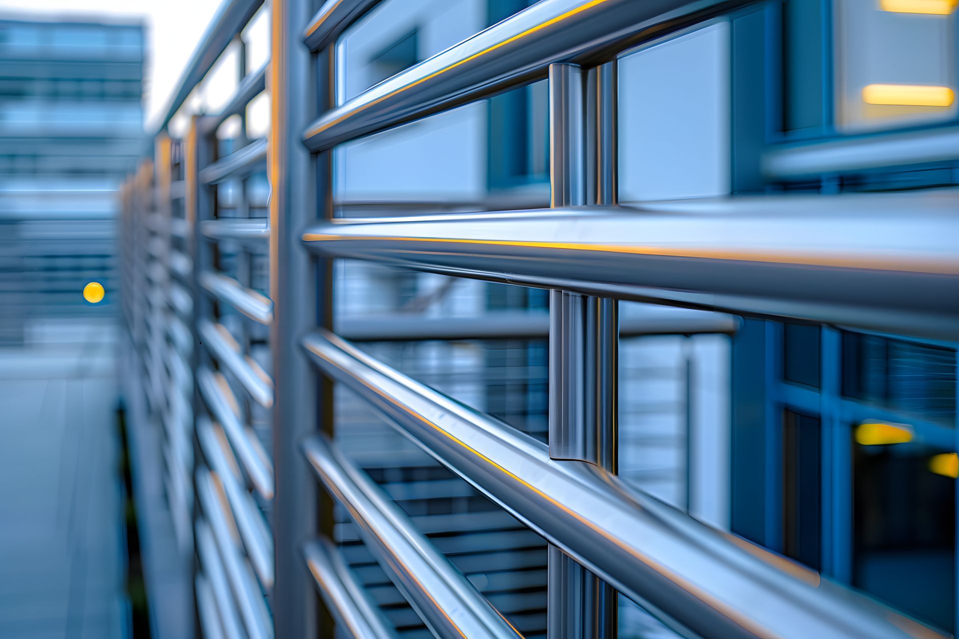 A close up of a metal railing in front of a building.