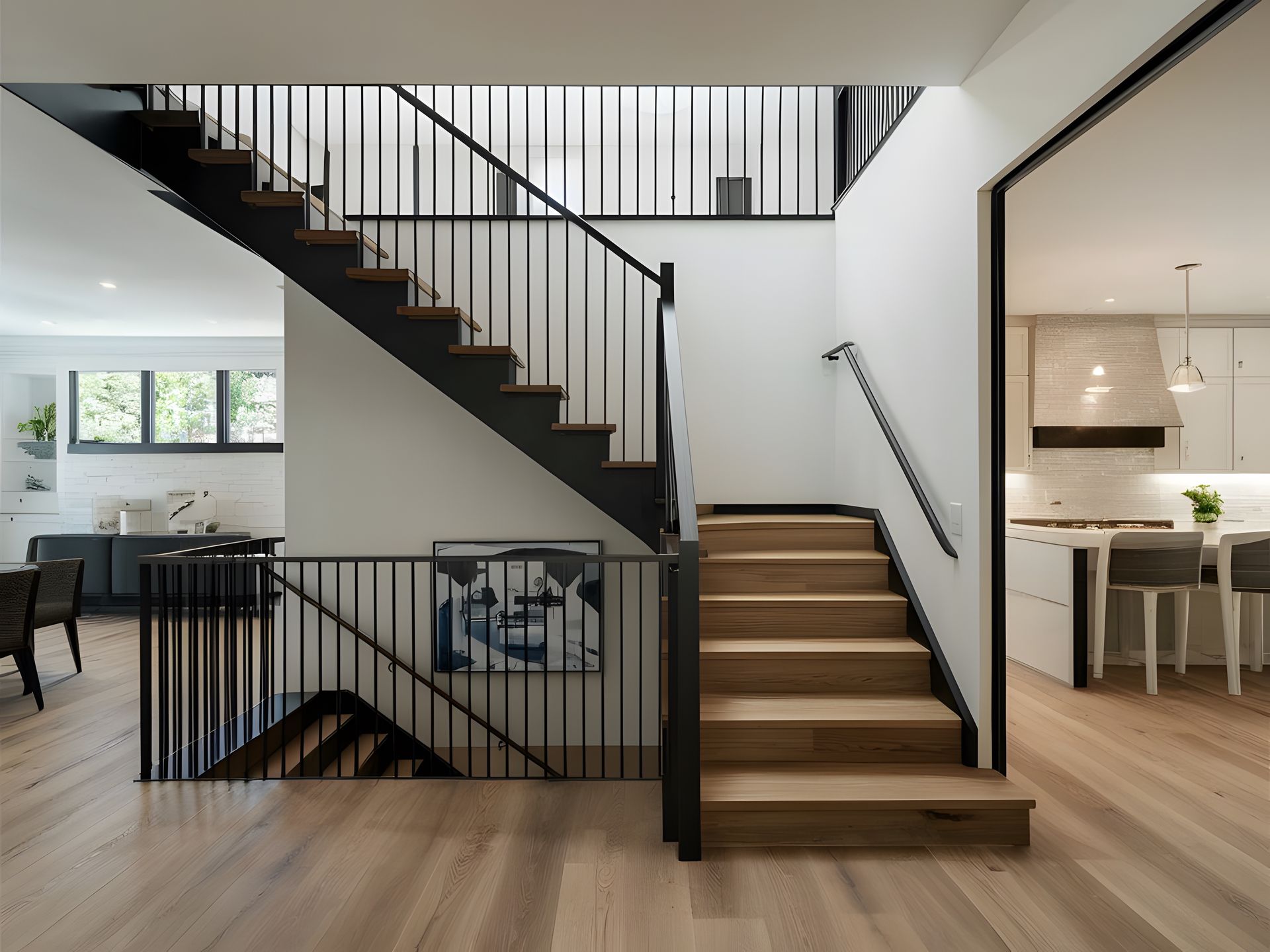 A wooden staircase with a black railing in a house