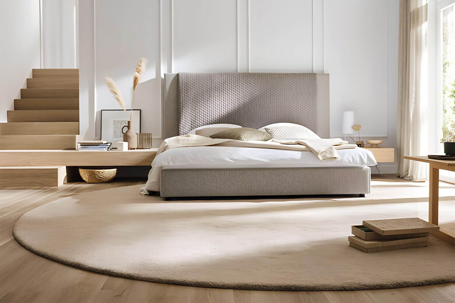 Una camera da letto con un letto, delle scale e un tappeto rotondo.