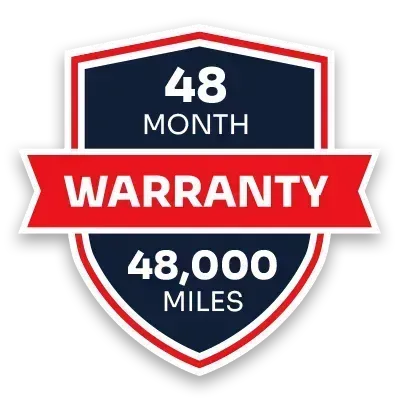 48-month warranty badge, 48,000 miles, red white and navy shield emblem