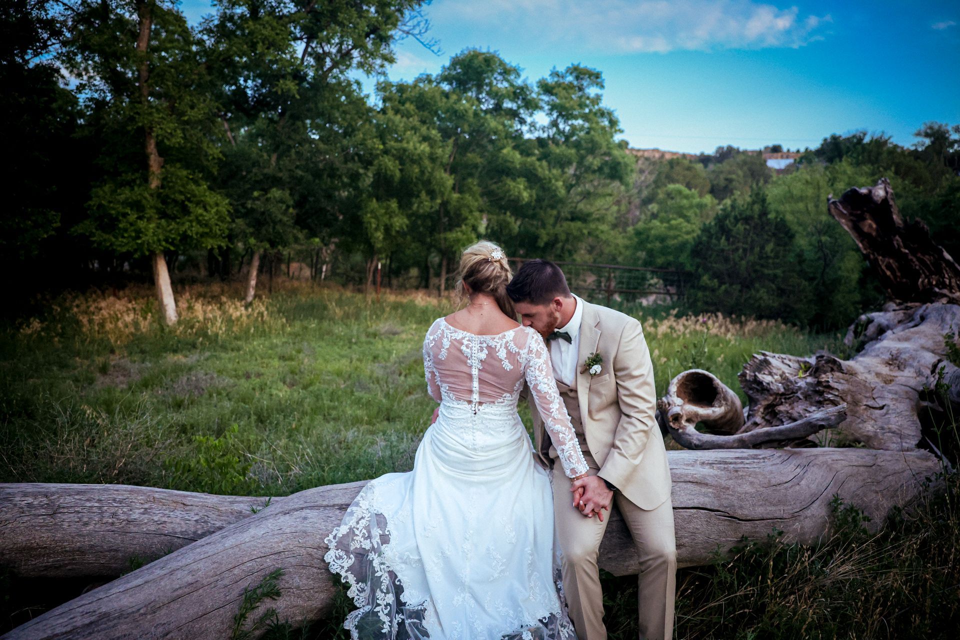 A bride and groom are sitting on a log in a field holding hands.