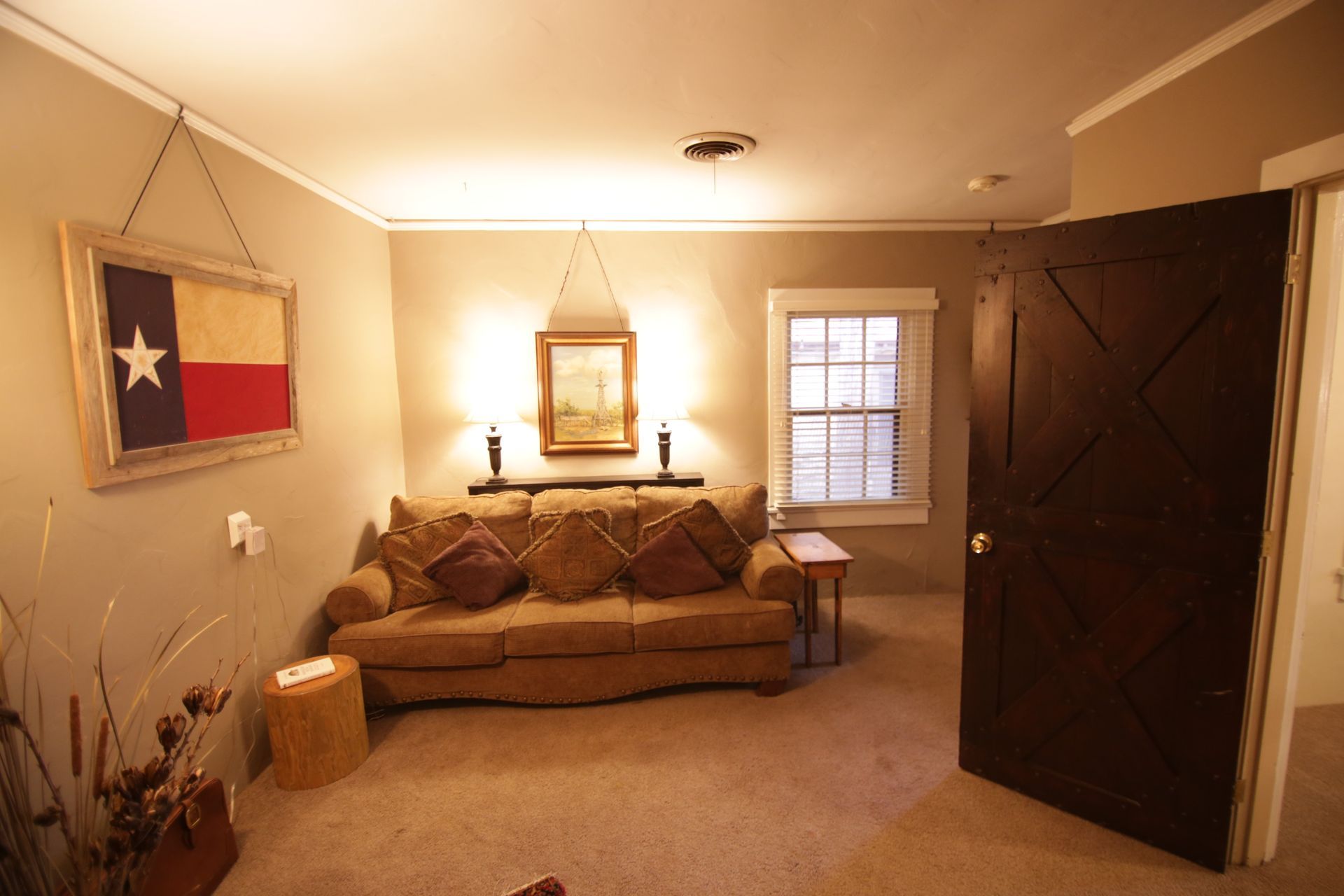 A living room with a couch and a texas flag on the wall