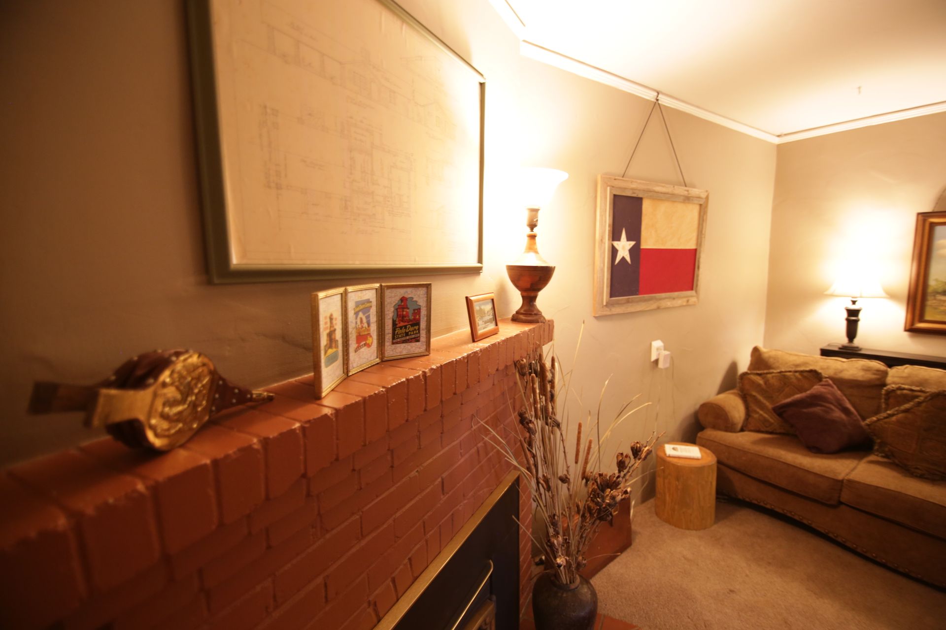 A living room with a fireplace and a texas flag on the wall
