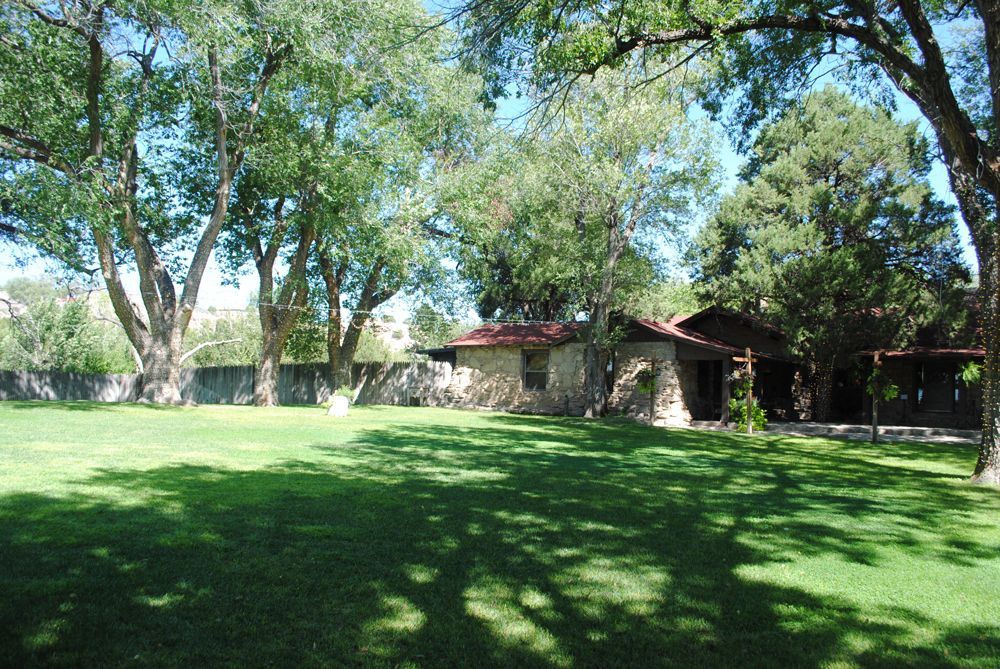 A large lush green field with trees and a house in the background.