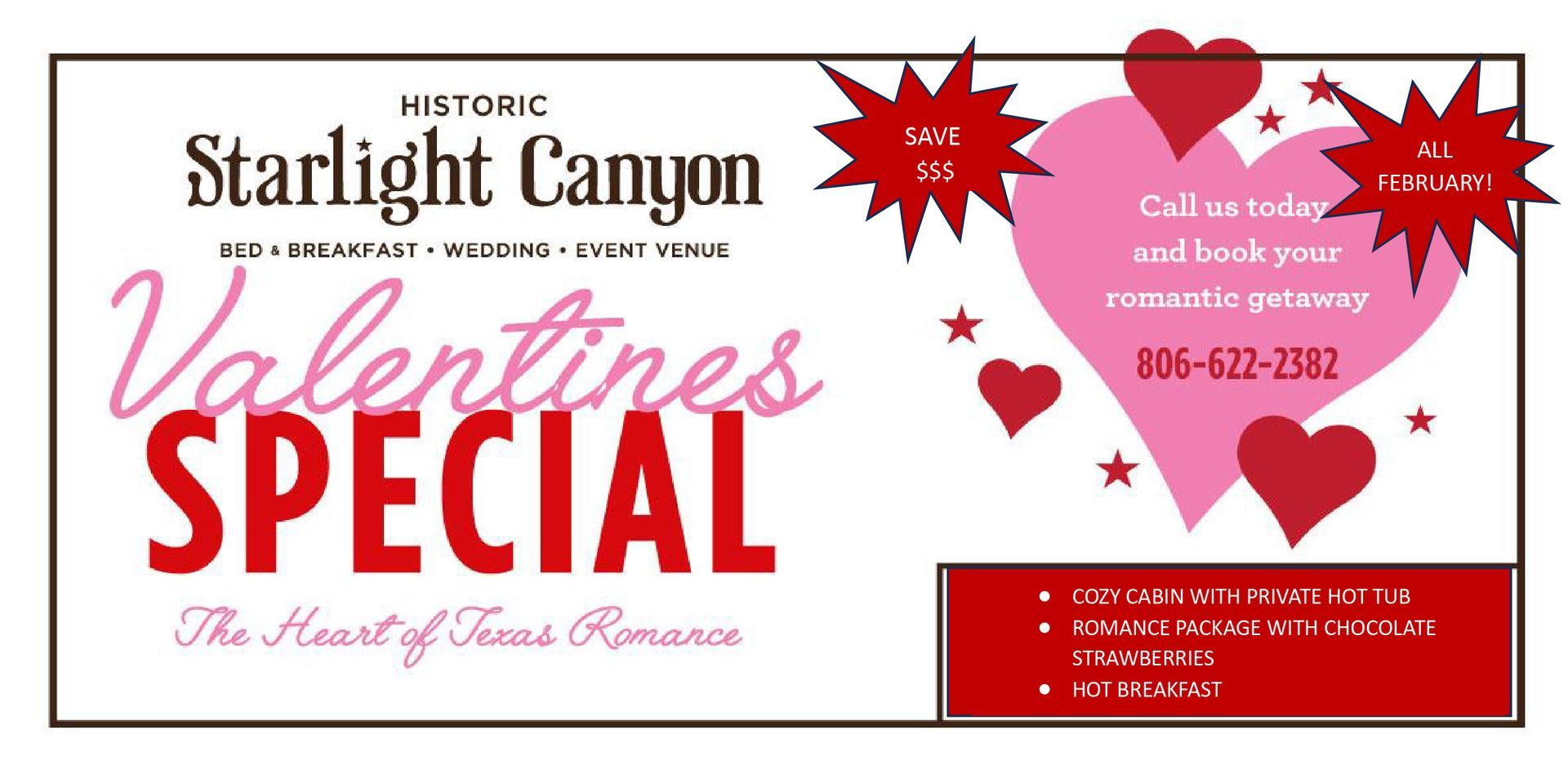 Valentines Special ad for Starlight Canyon, offers a romantic getaway. Red/pink hearts, Save 5% promo.