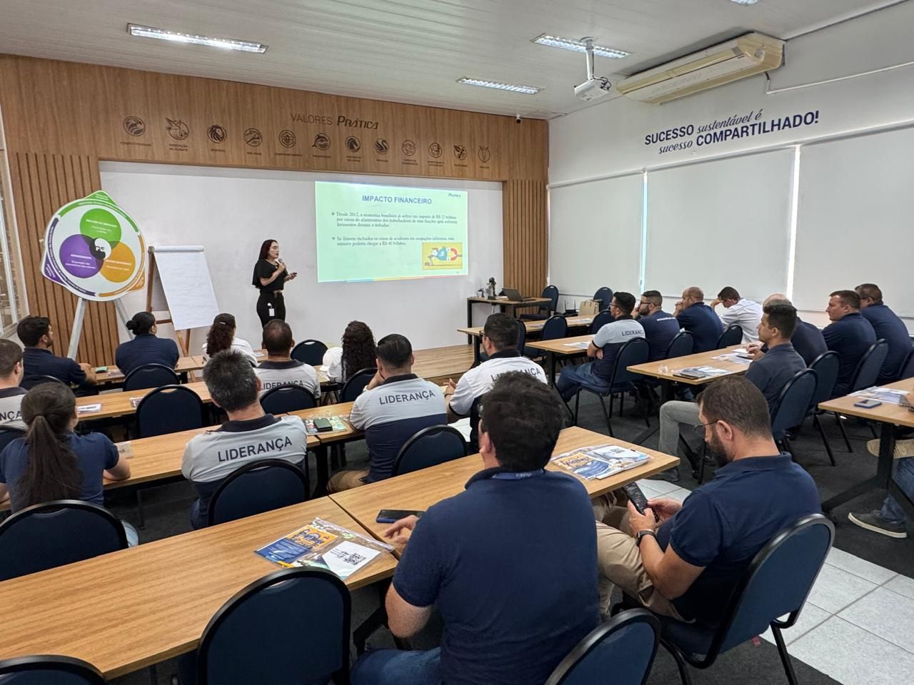 Uma mulher está fazendo uma apresentação para um grupo de pessoas em uma sala de aula.