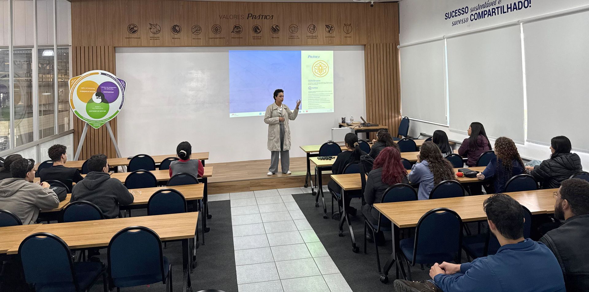 Um homem está fazendo uma apresentação para um grupo de pessoas em uma sala de aula.