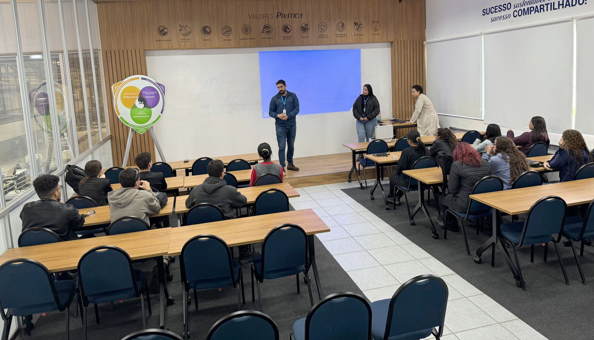 Um grupo de pessoas está sentado em mesas em uma sala de aula.
