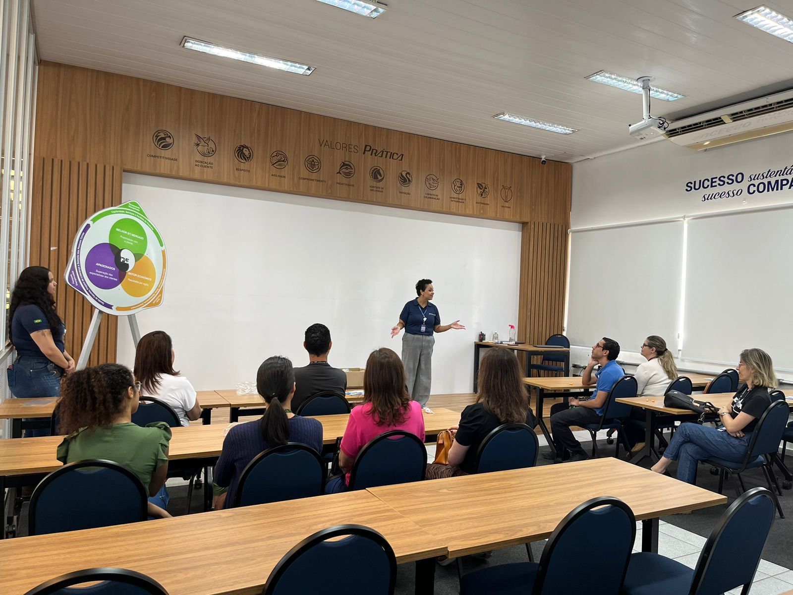 Um grupo de pessoas está sentado em mesas em uma sala de aula.