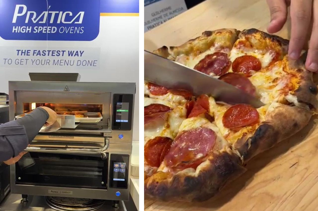 Uma pessoa está cortando uma pizza de calabresa em um forno de alta velocidade