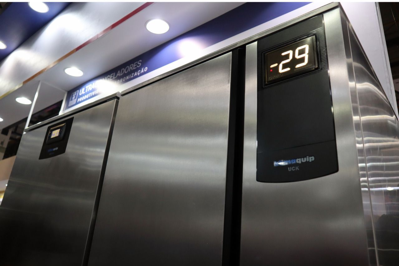 Uma geladeira de aço inoxidável com um display digital lendo -29