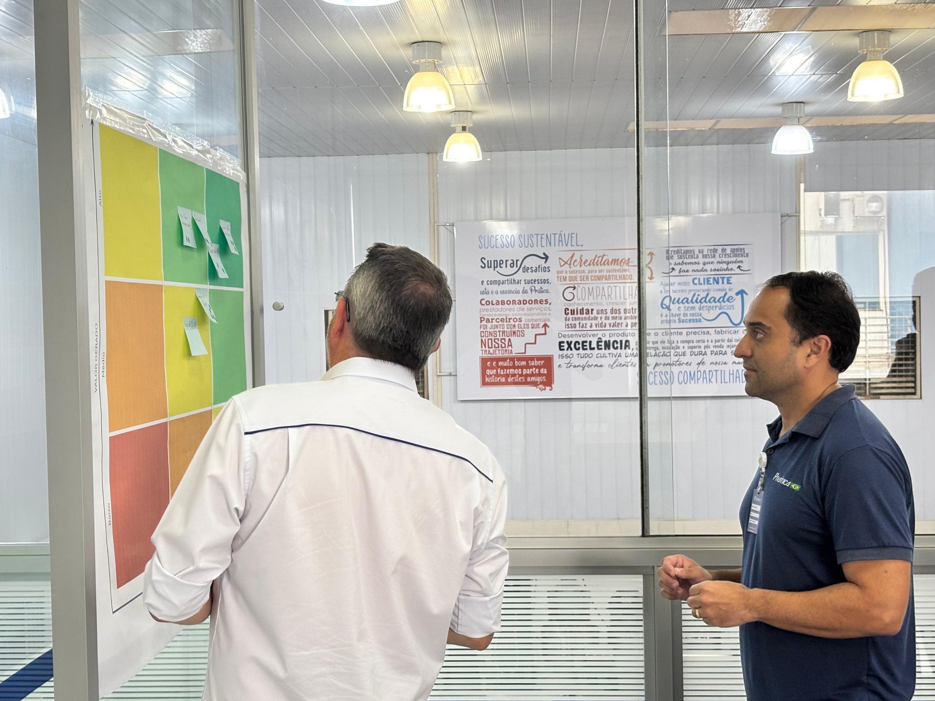 Dois homens estão olhando para um quadro com notas adesivas.