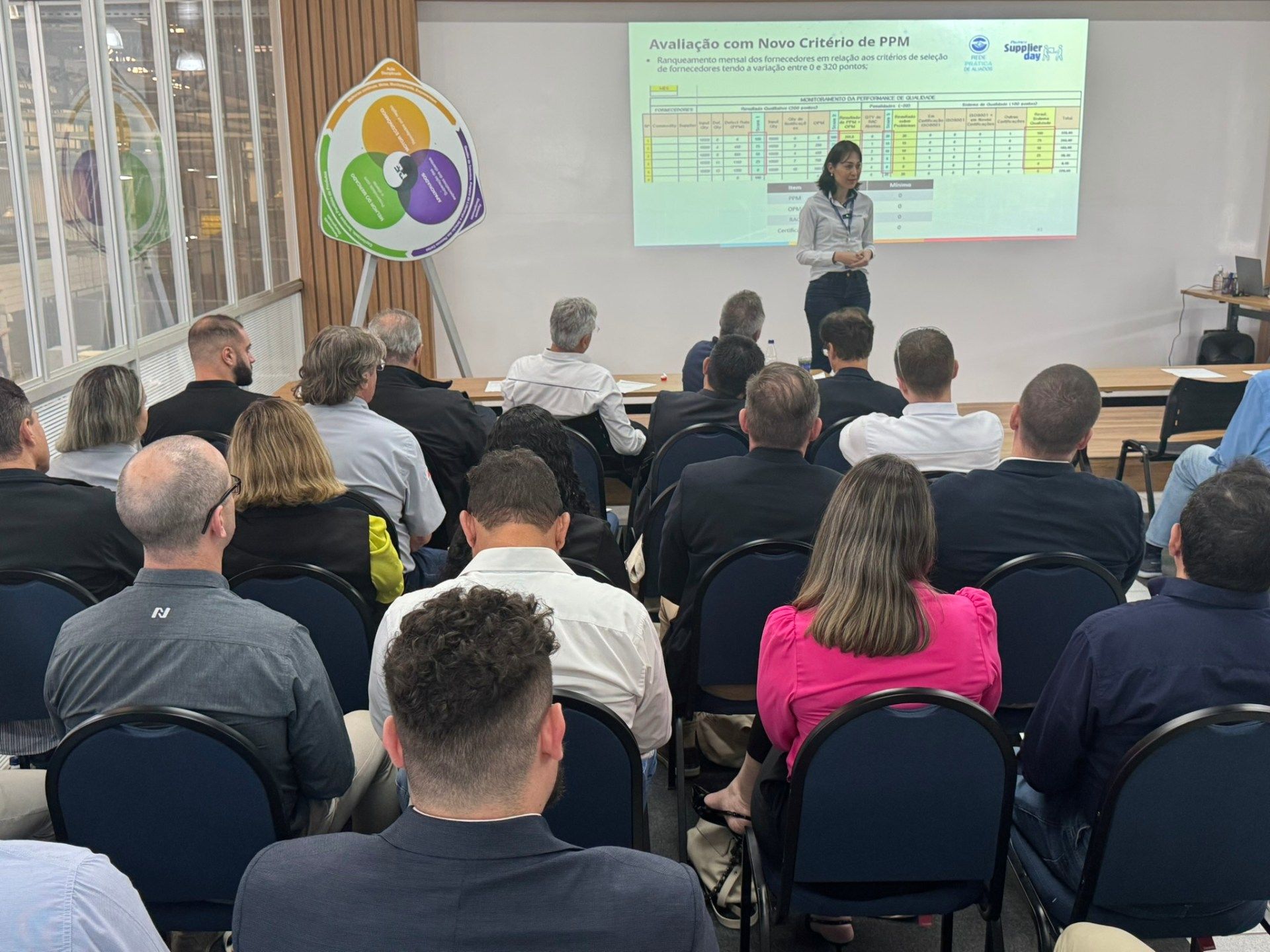 Uma mulher está fazendo uma apresentação para um grupo de pessoas sentadas em cadeiras.