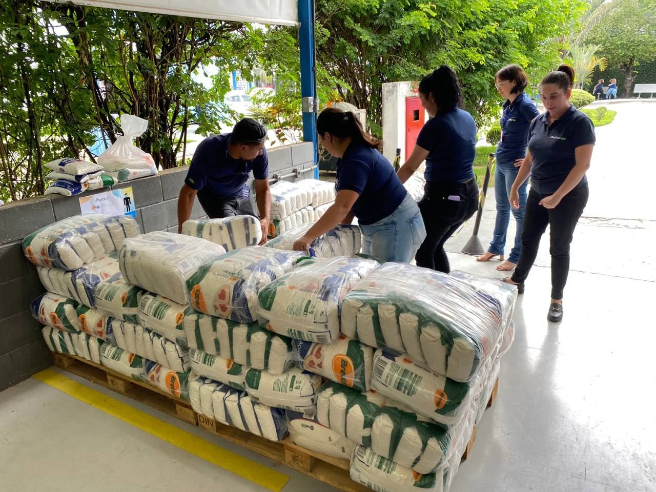 Um grupo de pessoas está trabalhando em um palete de papel higiênico.