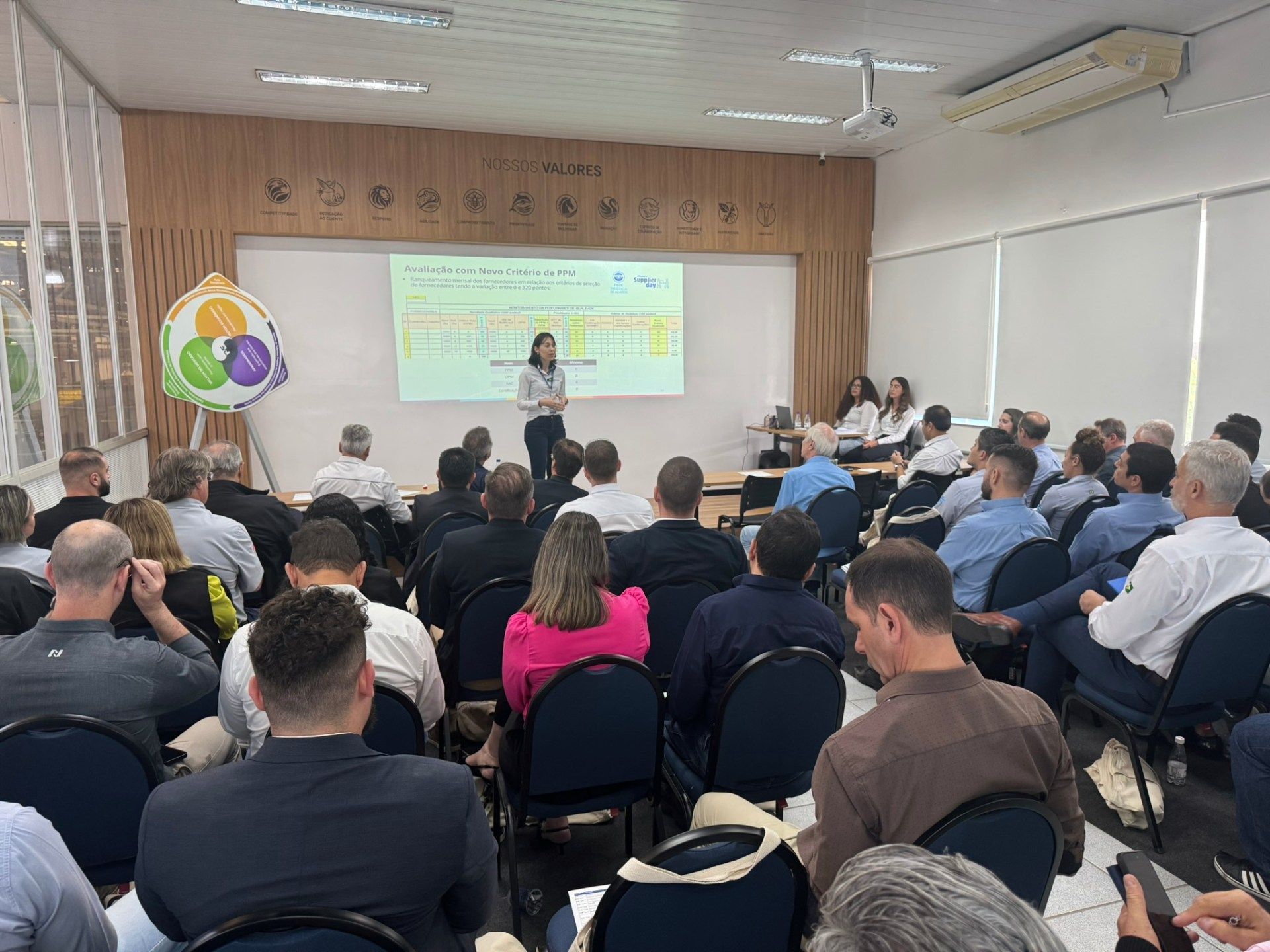 Uma mulher está fazendo uma apresentação para um grupo de pessoas em uma sala de conferências.