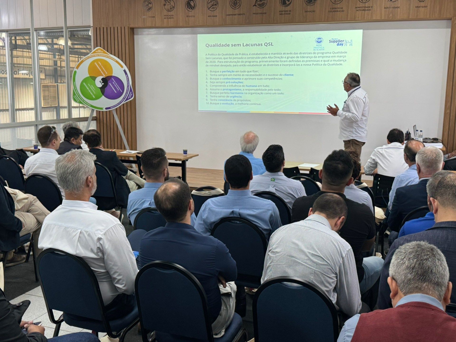 Um grupo de homens está sentado em cadeiras em frente a uma tela de projetor.