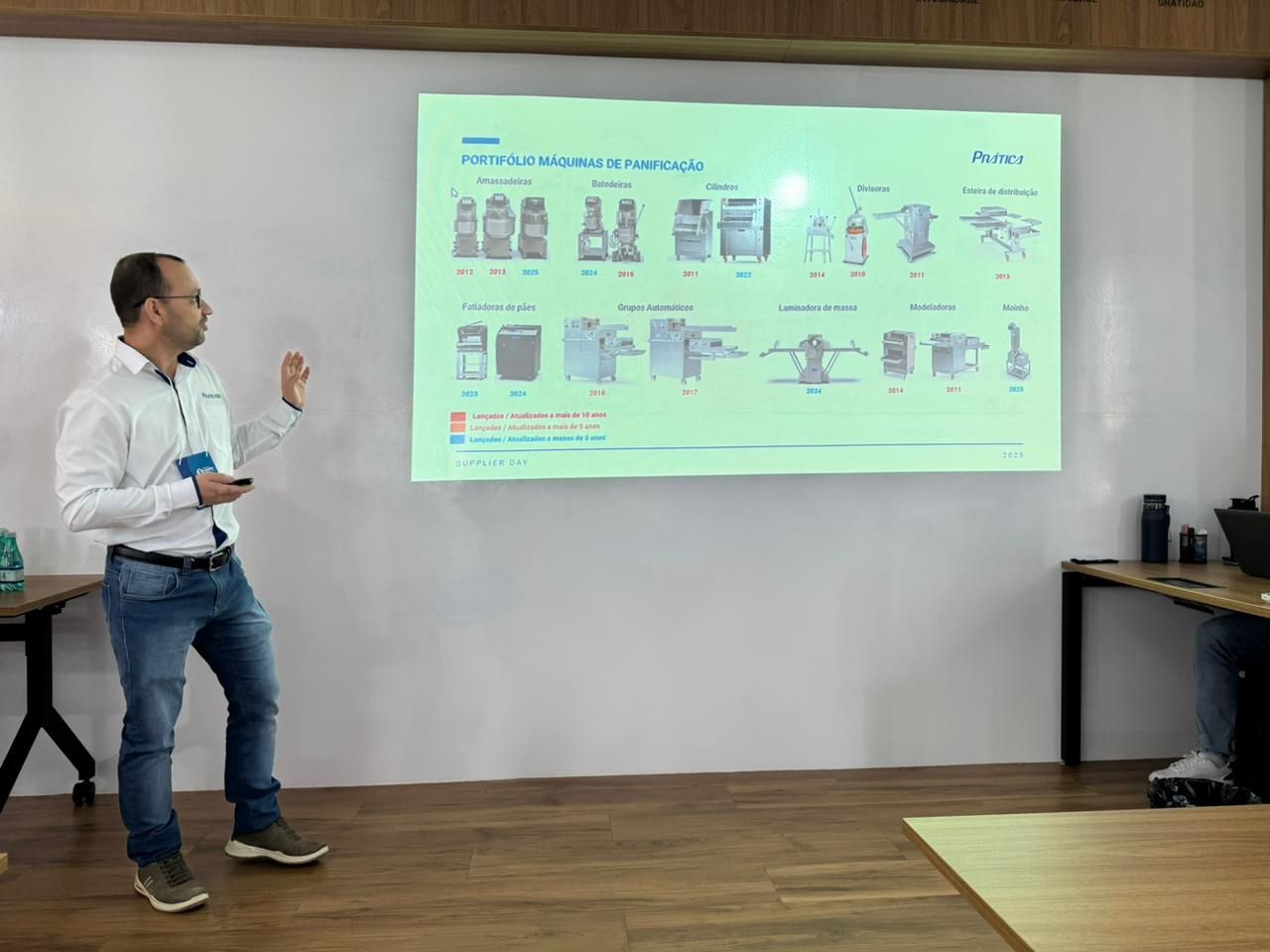 Homem apresentando um slide com diagramas em uma sala de reuniões.