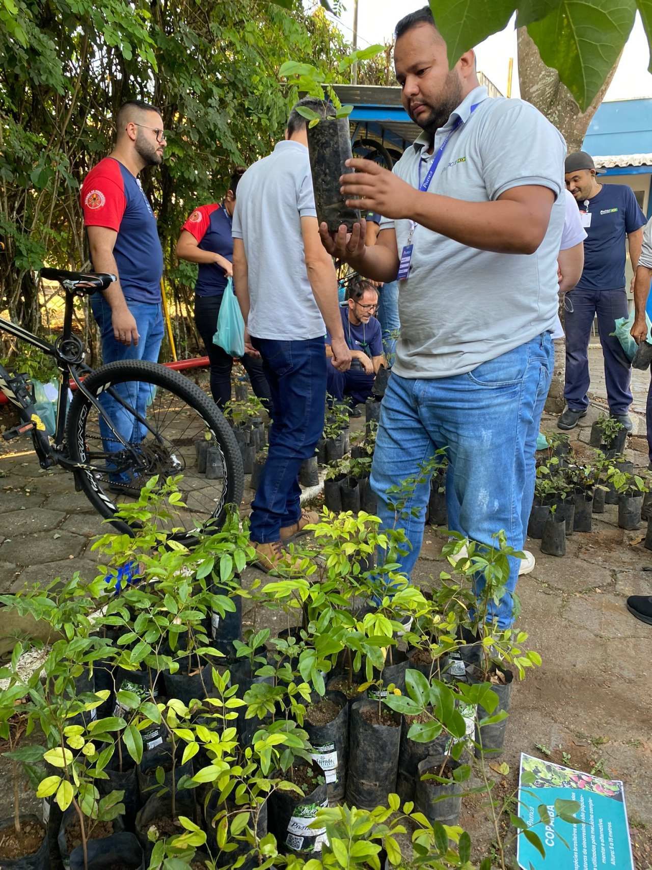 Um homem está parado em frente a um monte de plantas em vasos.