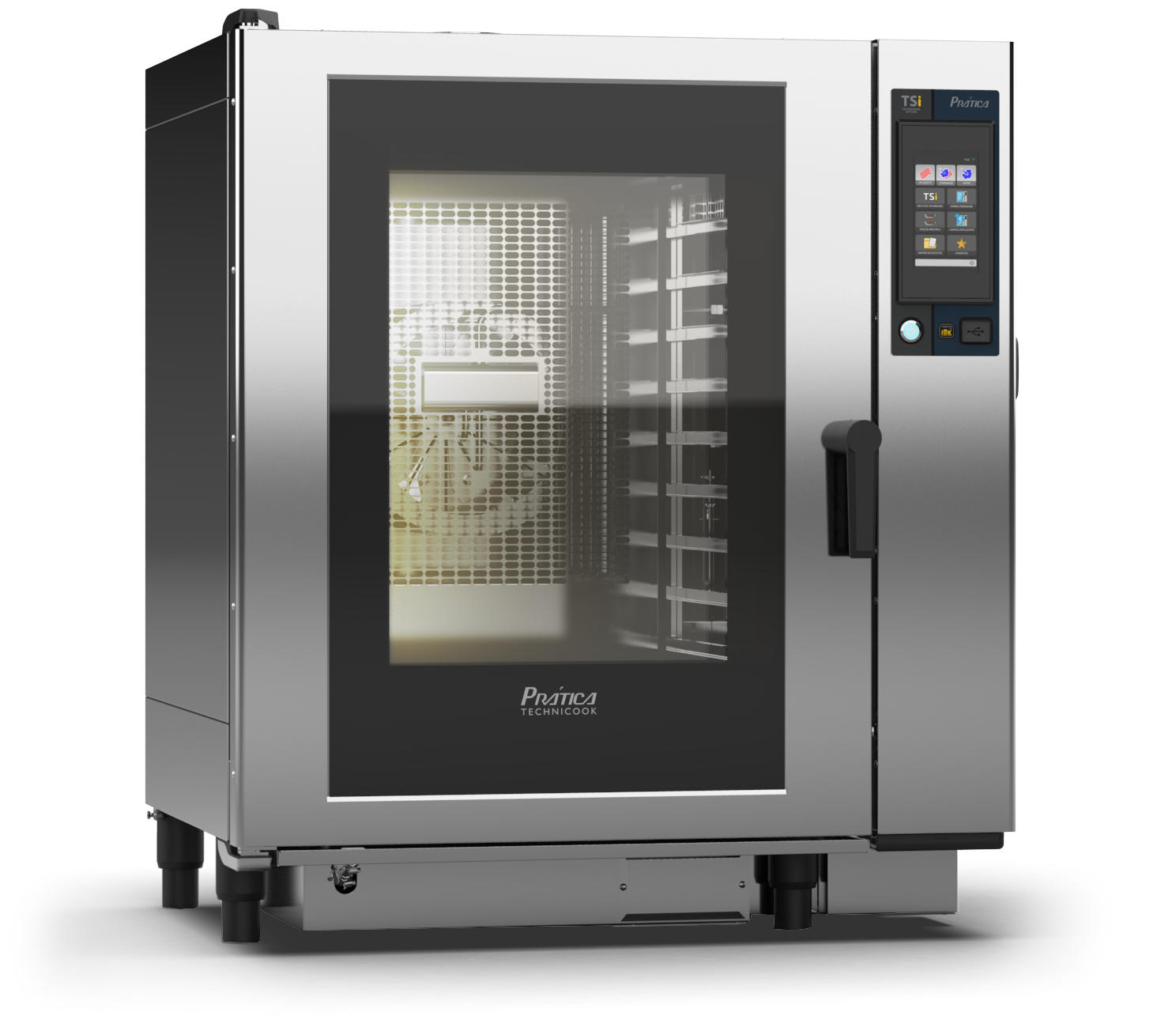 Um grande forno de aço inoxidável com porta de vidro