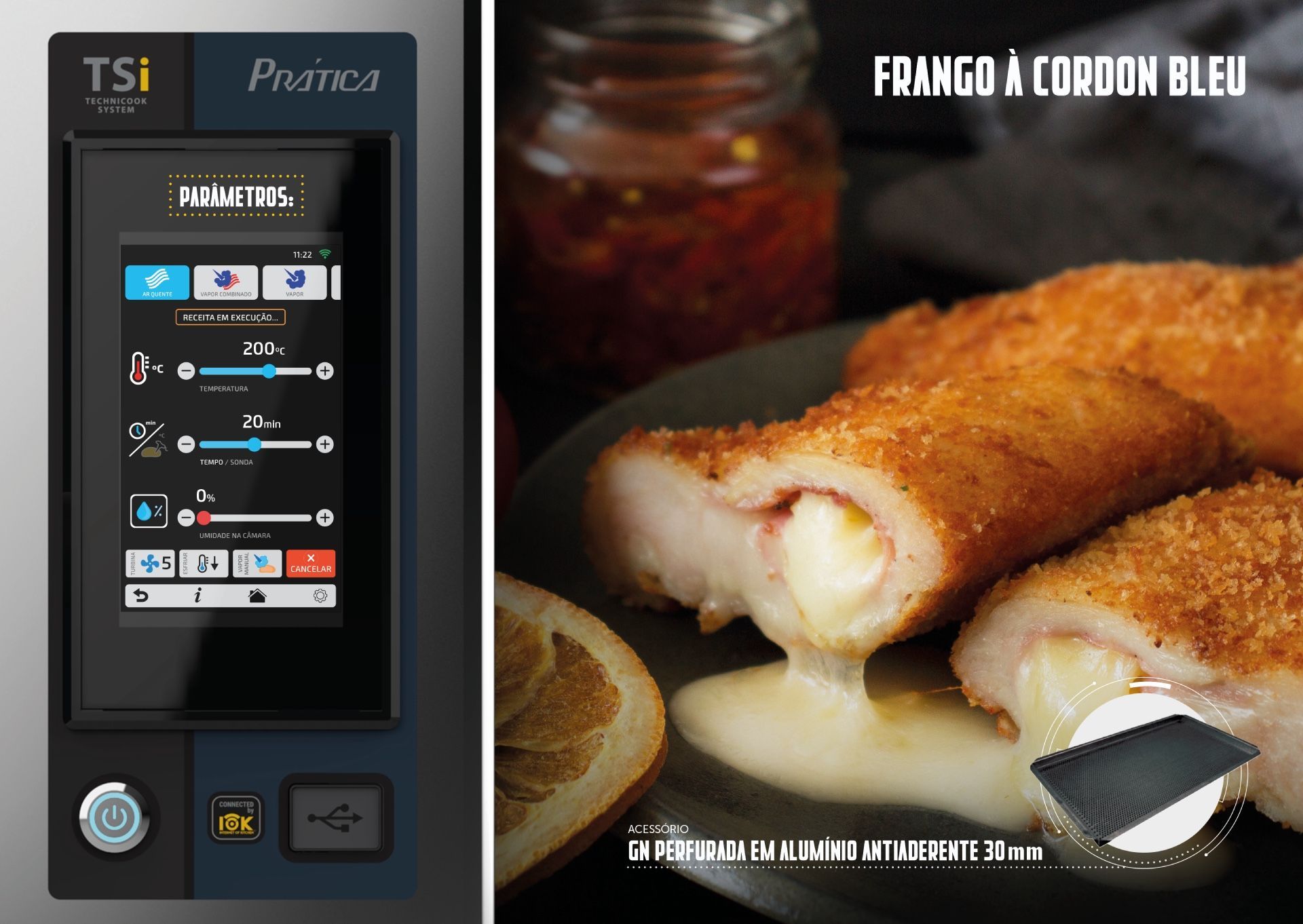 Uma imagem de um prato de comida ao lado de uma tela sensível ao toque
