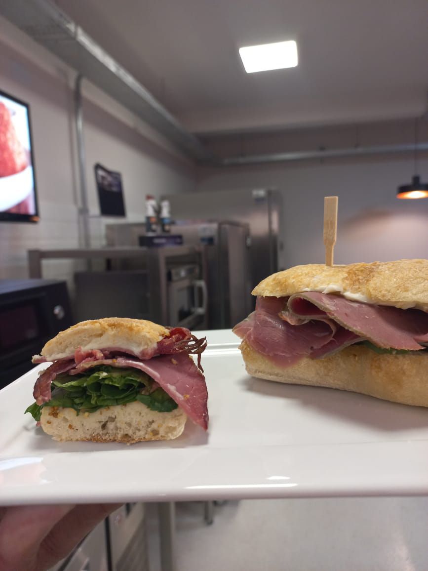 Uma pessoa está segurando um prato branco com dois sanduíches.