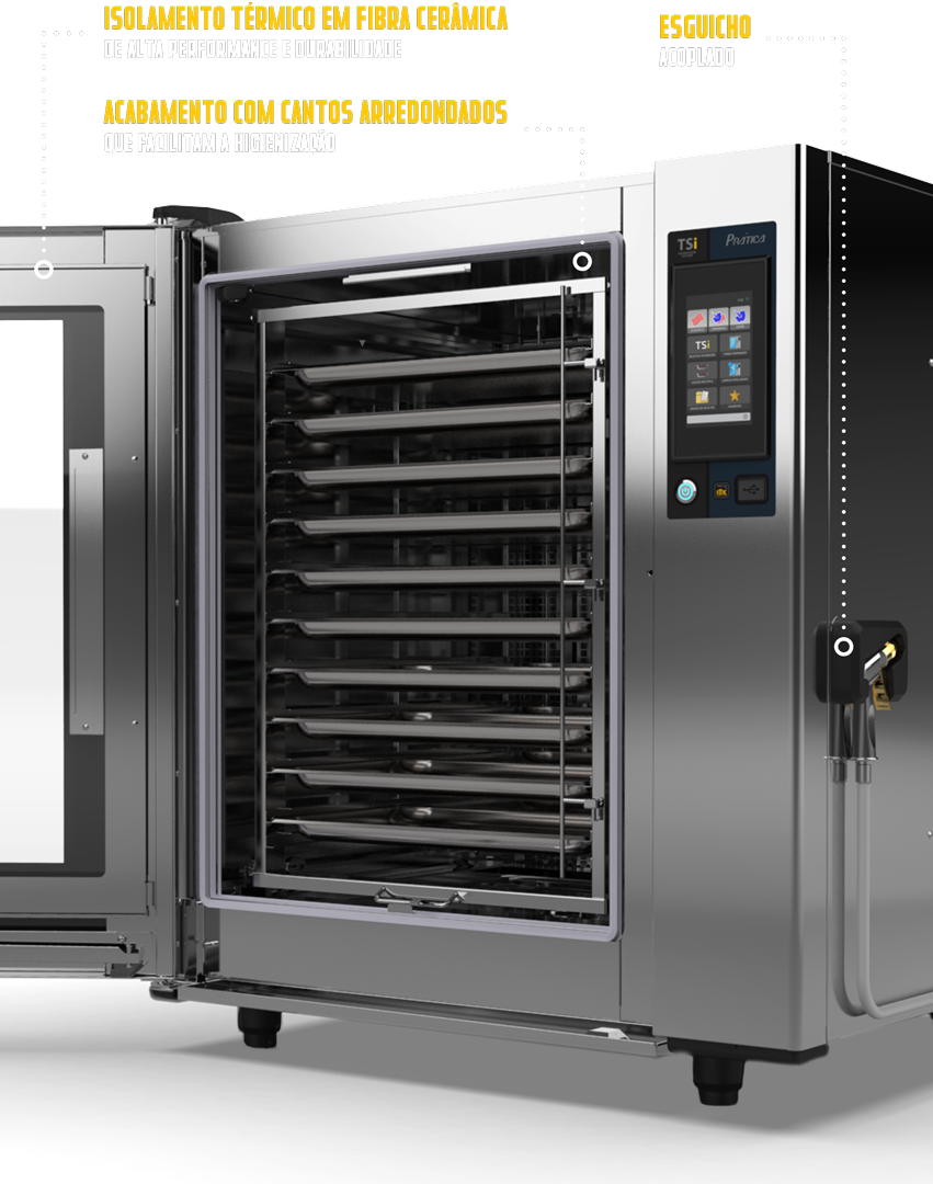 Um forno de aço inoxidável com a porta aberta sobre um fundo branco.